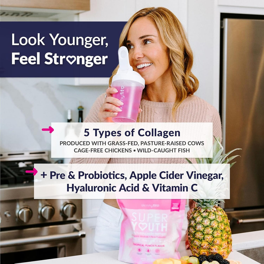 Skinnyfit - Super Youth Collagen for Women - Multi Collagen Peptides Powder - Probiotics, Fiber, Hyaluronic Acid - Non GMO, Gluten Free, Sugar Free - Beauty & Self Care - Tropical Punch (28 Servings)