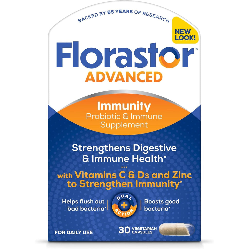 Florastor Advanced Immunity Boost Daily Probiotic & Immune Support Supplement for Women and Men, Saccharomyces Boulardii CNCM I-745 plus Zinc, Vitamin C & D3 (30 Capsules)