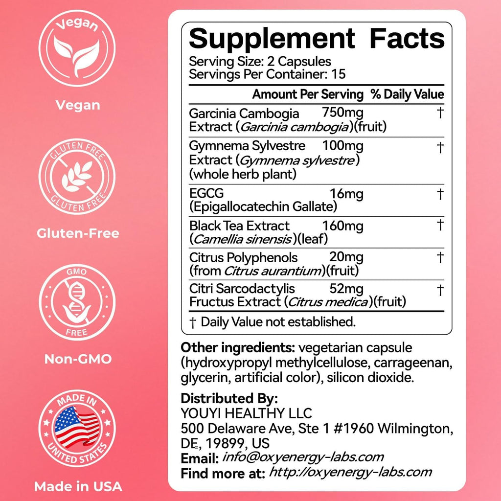 Oxyenergy Calorie Blocker 6-In-1 Natural Weight Loss Supplement for Women & Men, with Garcinia Cambogia,Gymnema Sylvestre & Bergamot,Boosts Metabolism,Suppresses Fat Synthesis & Appetite,30 Capsules