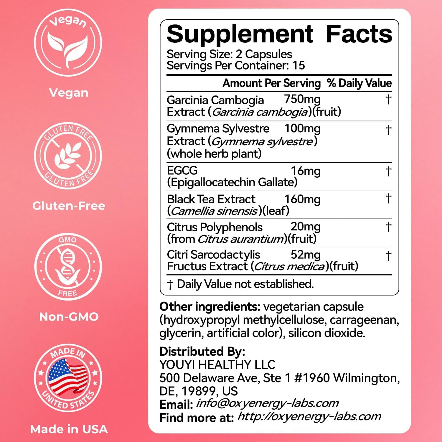 Oxyenergy Calorie Blocker 6-In-1 Natural Weight Loss Supplement for Women & Men, with Garcinia Cambogia,Gymnema Sylvestre & Bergamot,Boosts Metabolism,Suppresses Fat Synthesis & Appetite,30 Capsules