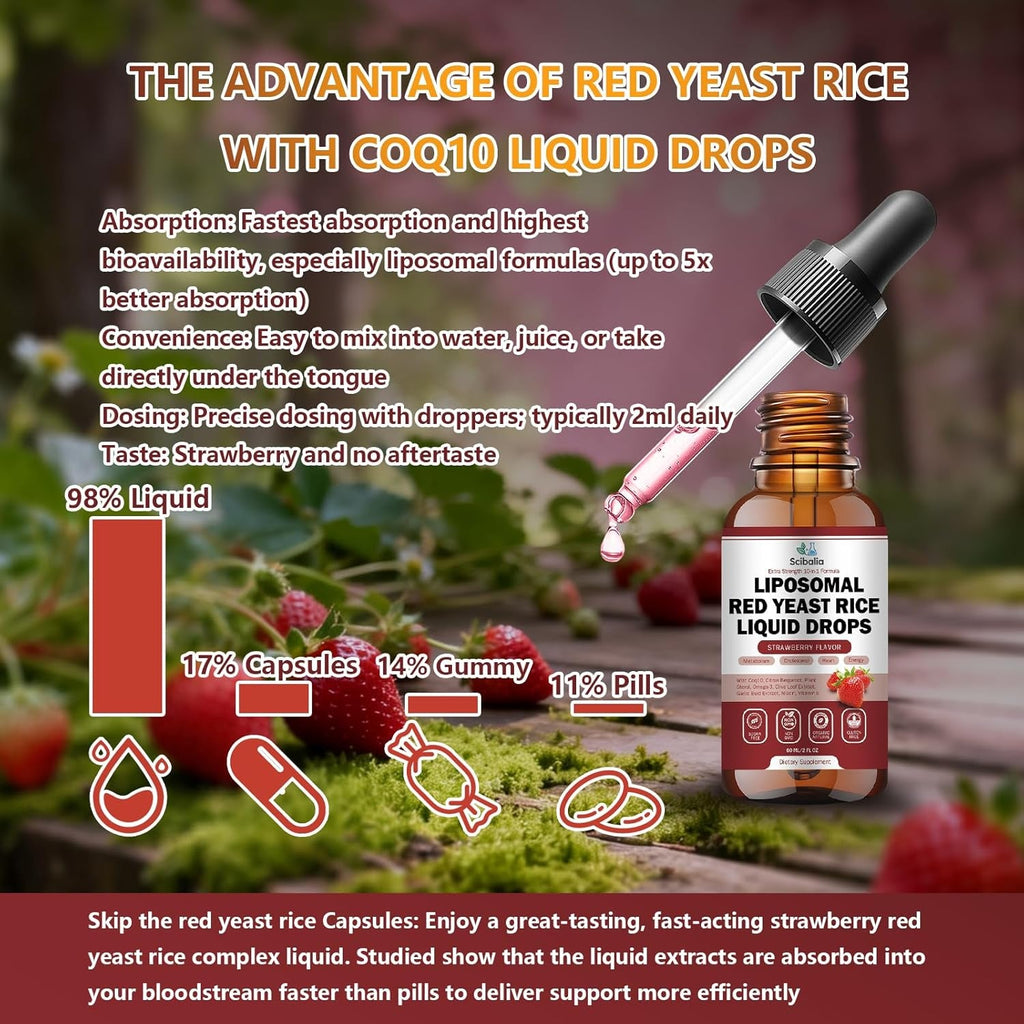 Liposomal Red Yeast Rice Liquid Drop 1200Mg 10-In-1 Organic Red Rice Yeast with Coq10 Citrus Bergamot Plant Sterols Garlic, Extra Strength Cholesterol Lowering Supplements for Women Men