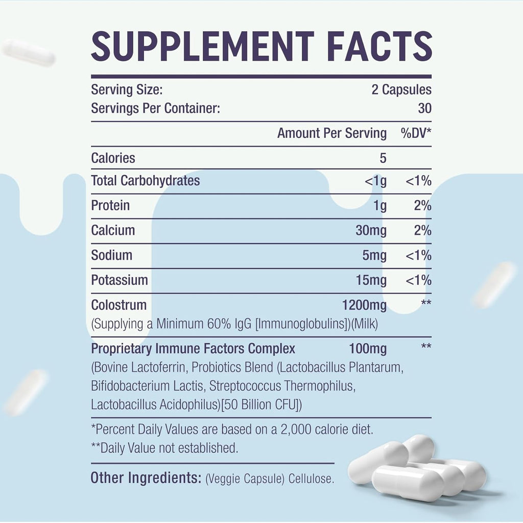 Yonrave Bovine Colostrum Capsules Supplement 1300Mg - Extra High 60% Igg Bovine Colostrum - Gut, Bone, Exercise, Immune - 60 Capsules
