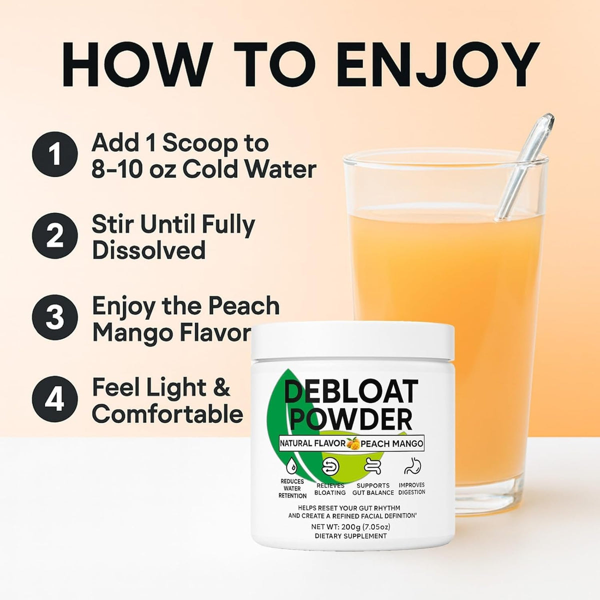 Debloat Powder for Supports Digestive Comfort & Bloating Relief, Digestive Enzymes for Women & Men, Rich in Vitamin C, Dandelion Root, Horsetail Extract, Non GMO, Peach Mango, 200G / 7.05OZ