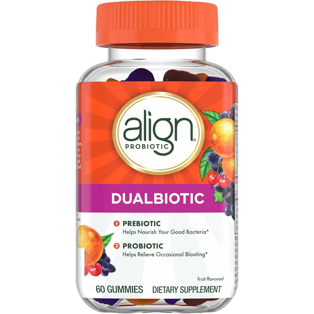 Align Dualbiotic, Prebiotics and Probiotics for Women and Men, Probiotics for Digestive Health, Prebiotics Help Nourish Good Bacteria, Natural Fruit Flavors, 60 Probiotic Gummies