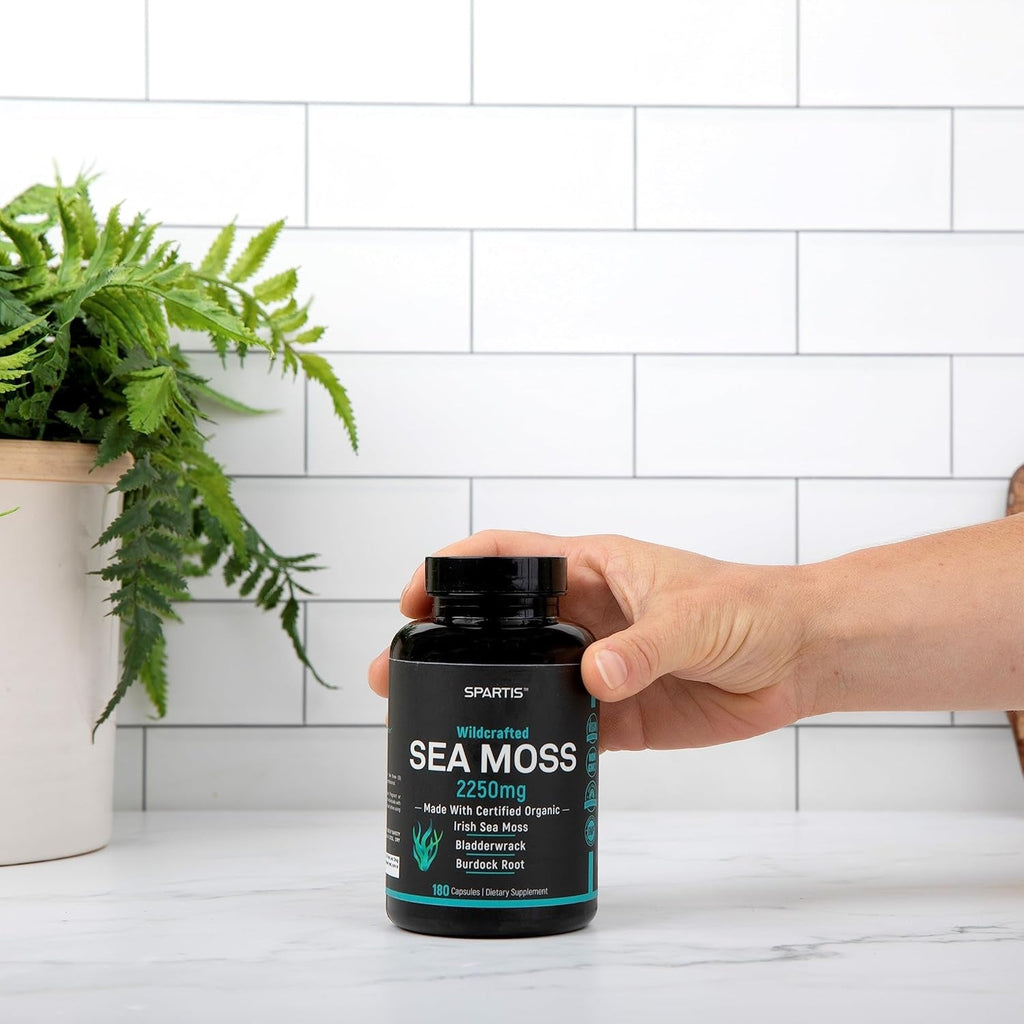 SPARTIS Certified Organic Sea Moss Capsules 2250Mg Wildcrafted Irish Sea Moss Burdock Root Bladderwrack Supplement Raw Seamoss Pills & Powder (Pack of 1 at 180-Caps)