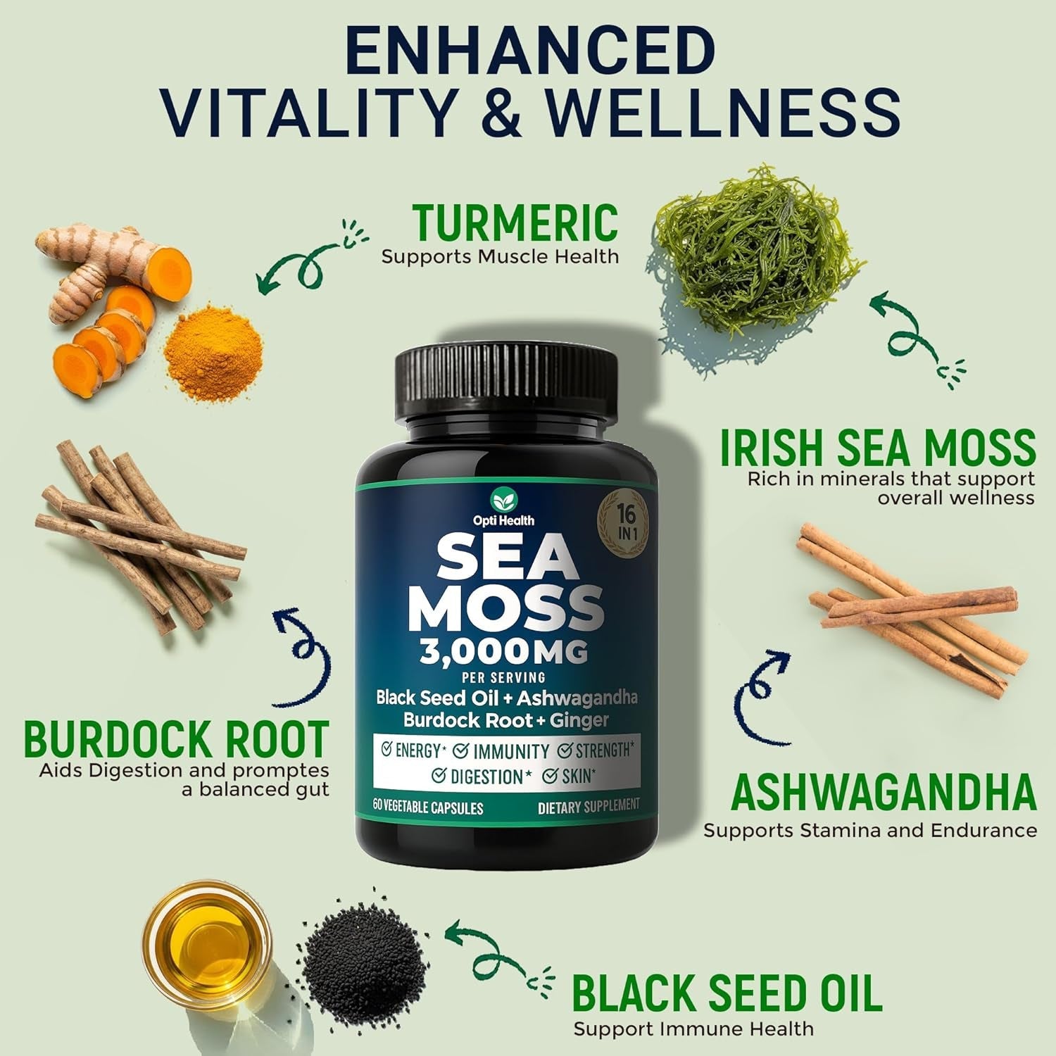 Sea Moss Black Seed Oil Ashwagandha Ginger - Advanced Irish Sea Moss Capsules All in One Supplement with Seamoss Black Seed Oil Ashwagandha Burdock Root Bladderwrack - Pills for Energy, Immune, Gut