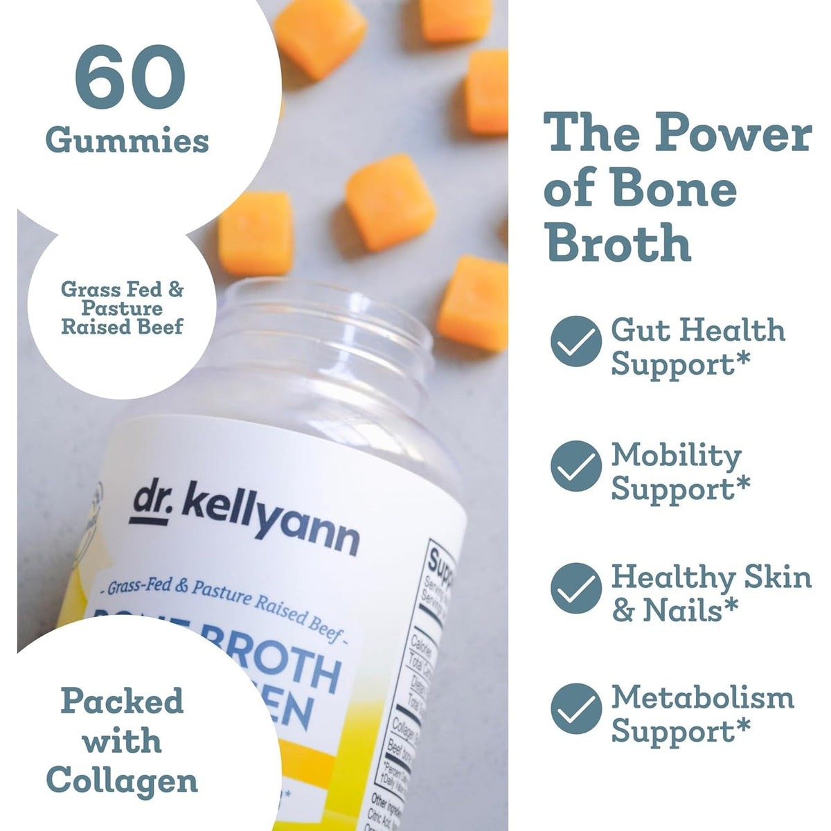 Dr. Kellyann Collagen + Bone Broth Gummies, Lemon | Gut, Skin, Joint & Hair Support | Grass-Fed Beef | Non-Gmo, Dairy-Free, Soy-Free | 60 Gummies