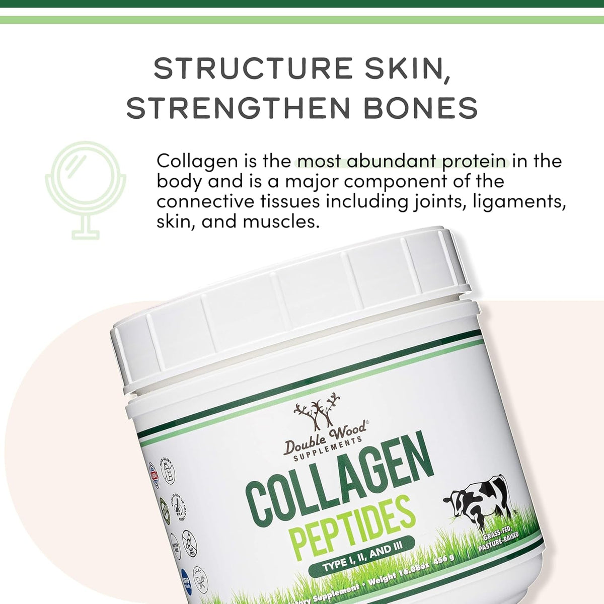 Collagen Peptides Powder - Hydrolyzed Collagen, Keto Safe - 16.08Oz - Multi Type 1, 2, and 3 (Grass Fed Bovine Source)(Colageno Hidrolizado) Collagen Supplements for Women and Men by Double Wood