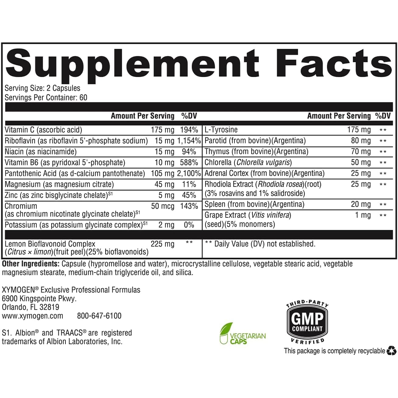 XYMOGEN Adrenal Manager - Adrenal Health Supplement for Everyday Stress Support - Argentinian Bovine Tissues - Pantothenic Acid, Vitamin C, Vitamin B6 - Dairy-Free & Gluten-Free - 120 Capsules