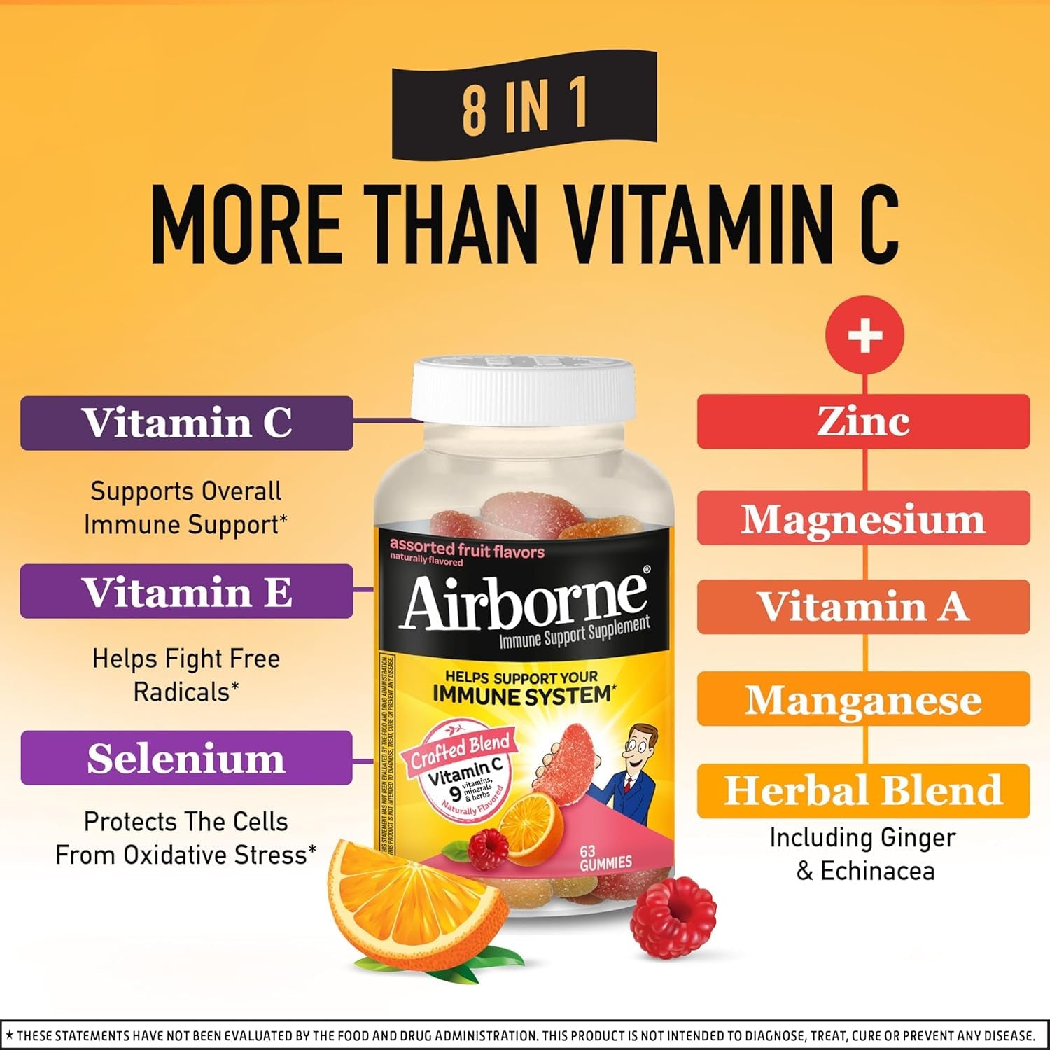 Airborne Immune Support Gummies, Assorted Fruit Flavor, 63 Ct - 750 Mg Vitamin C + Vitamins A, D & E + Zinc, Selenium, and Manganese | with Herbal Blend | Naturally Flavored