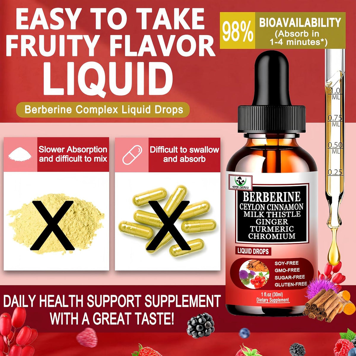 Berberine Drops, High Absorption 6-In-1 Liquid Berberine Supplement with Ceylon Cinnamon Milk Thistle Turmeric, Premium Berberine Hcl for Immune Function Metabolic & Digestive Support, 30 Servings