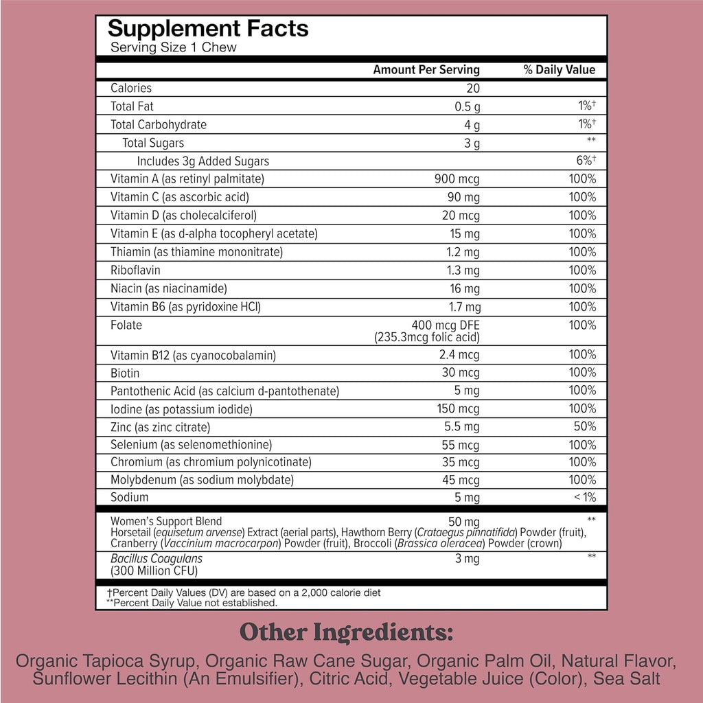 CHEWSY Women'S Multivitamin - Immune & Energy Support - 23 Nutrients Including A, B12, C, Folic Acid, Probiotics, Biotin, Cranberry - 30-Day Supply