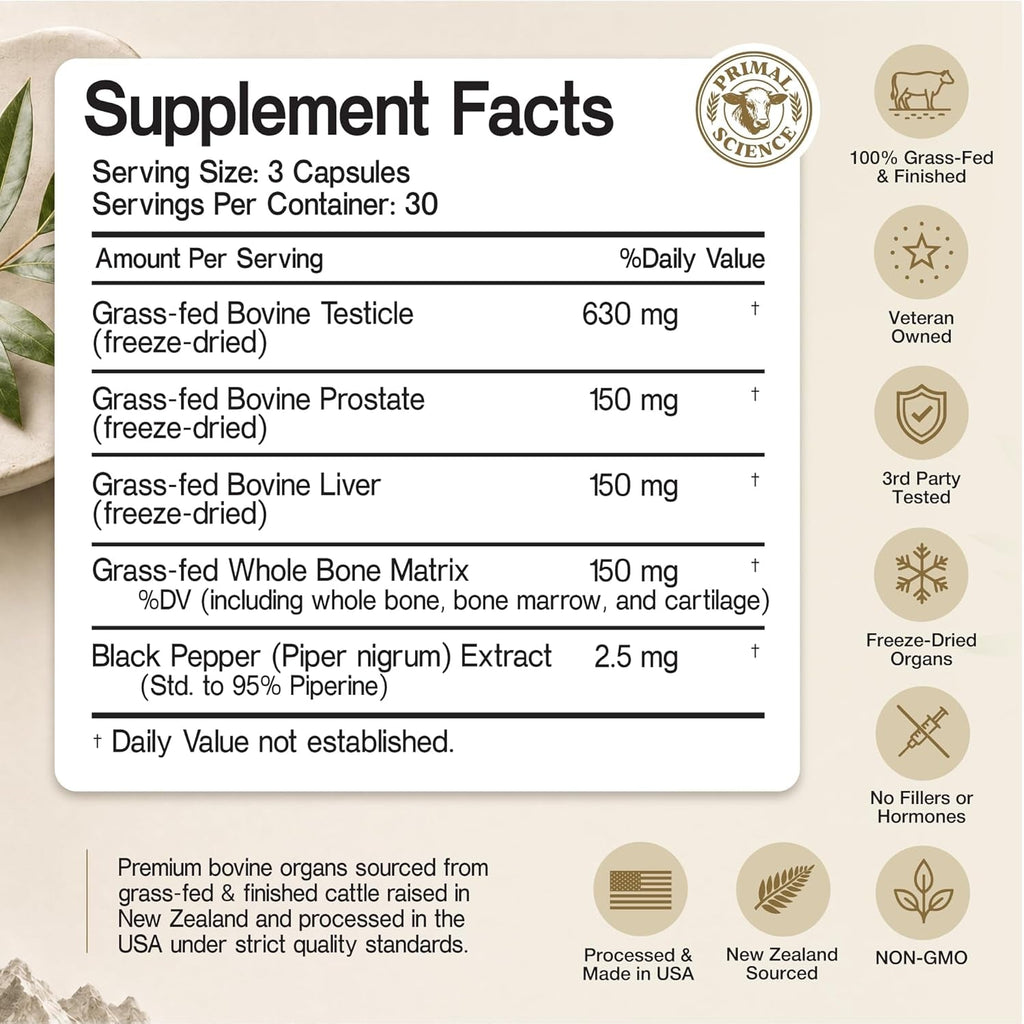 Beef Organ Supplement for Men 100% Grass Fed Beef Testicle, Prostate, Liver & Bone Matrix High Absorption with Black Pepper Non-Gmo, Hormone Free, Made in USA 90 Capsules