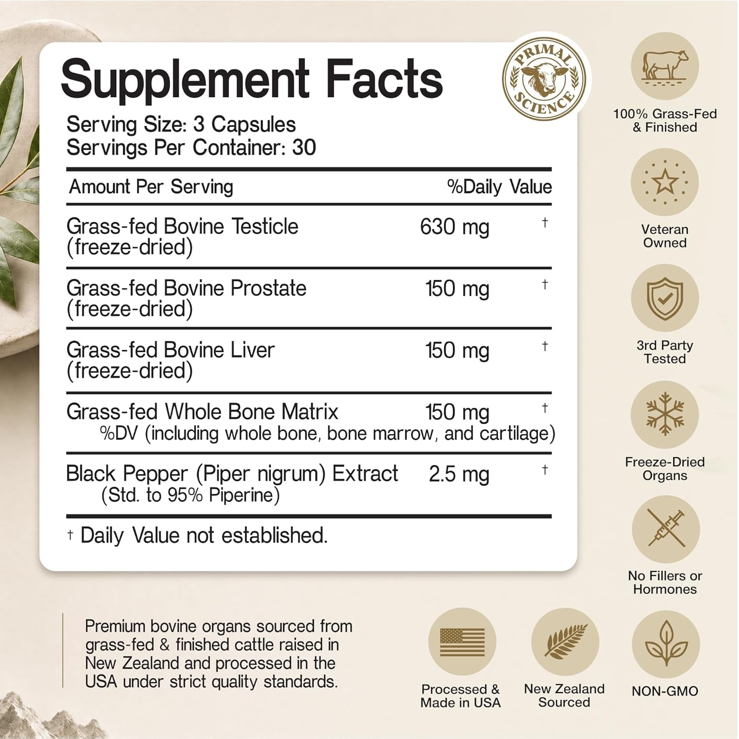 Beef Organ Supplement for Men 100% Grass Fed Beef Testicle, Prostate, Liver & Bone Matrix High Absorption with Black Pepper Non-Gmo, Hormone Free, Made in USA 90 Capsules