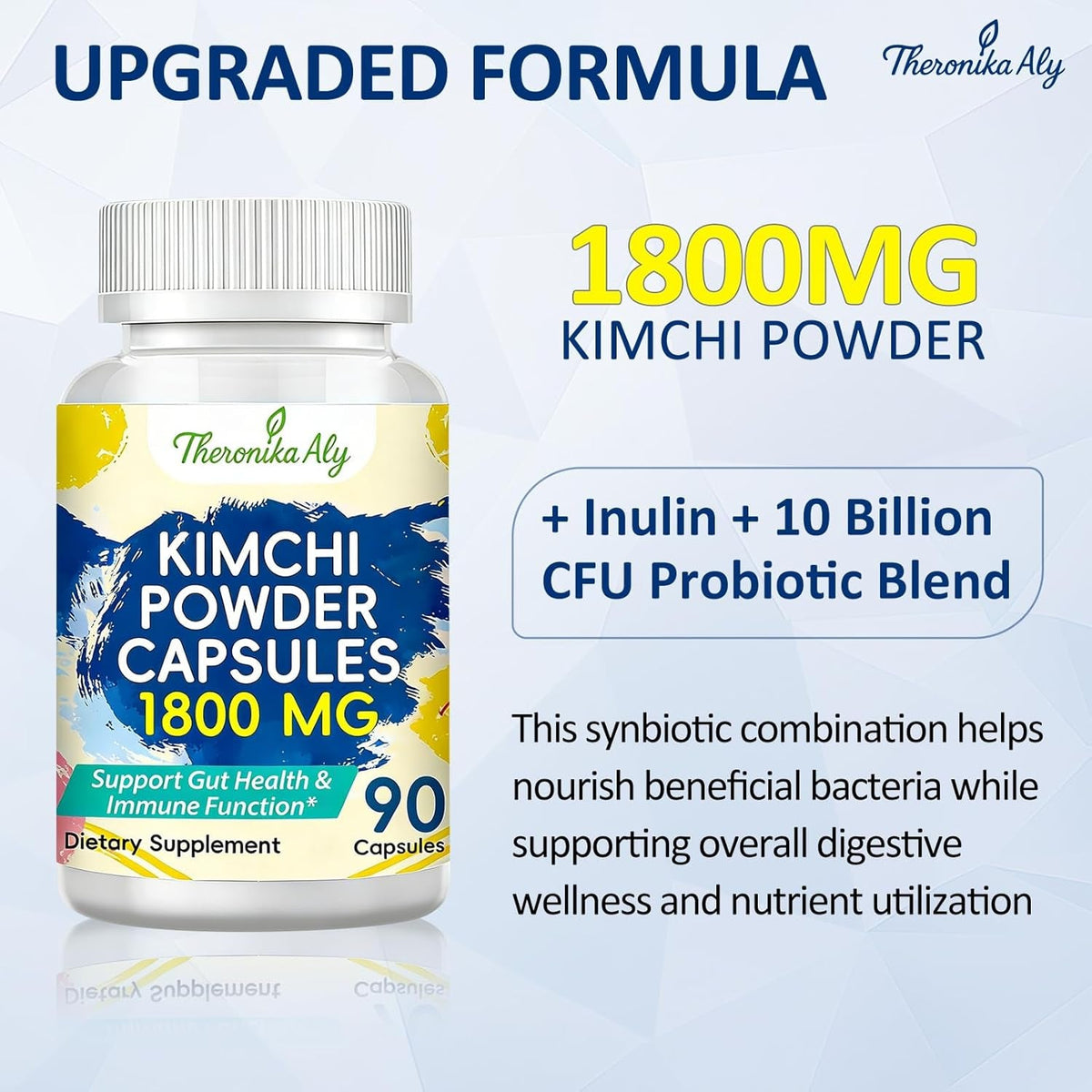Kimchi Probiotic Capsules, Fermented Kimchi Powder with 10 Billion CFU Probiotics & Prebiotic Inulin, Gut Health & Digestive Support, Fermented Vegetable Superfood Supplement, 90 Vegan Capsules