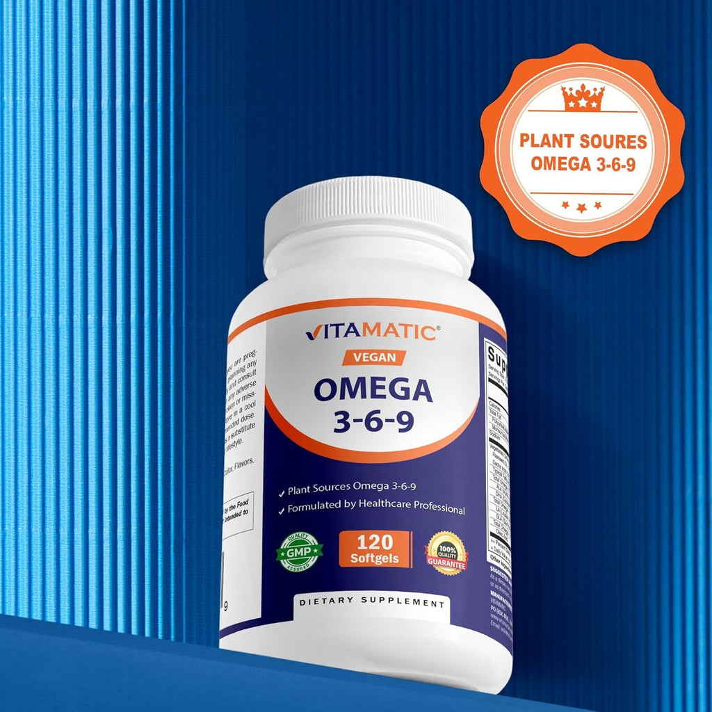 Vitamatic Vegan Omega 3-6-9 Complex 1250Mg | Flaxseed, Olive, Borage & Algae Oils | Plant-Based Omegas | 120 Softgels