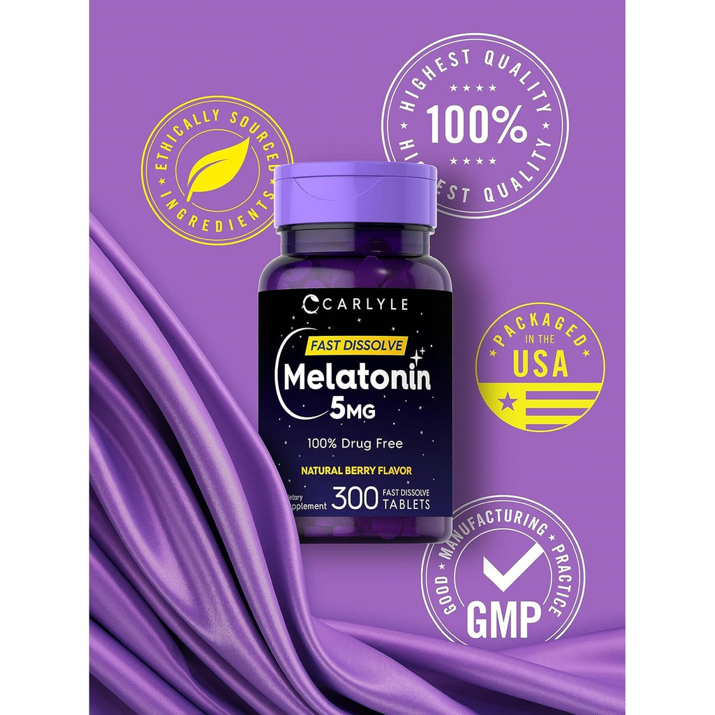 Carlyle Melatonin 5 Mg Fast Dissolve 300 Tablets | Berry Flavor | Vegetarian, Non-Gmo Supplement