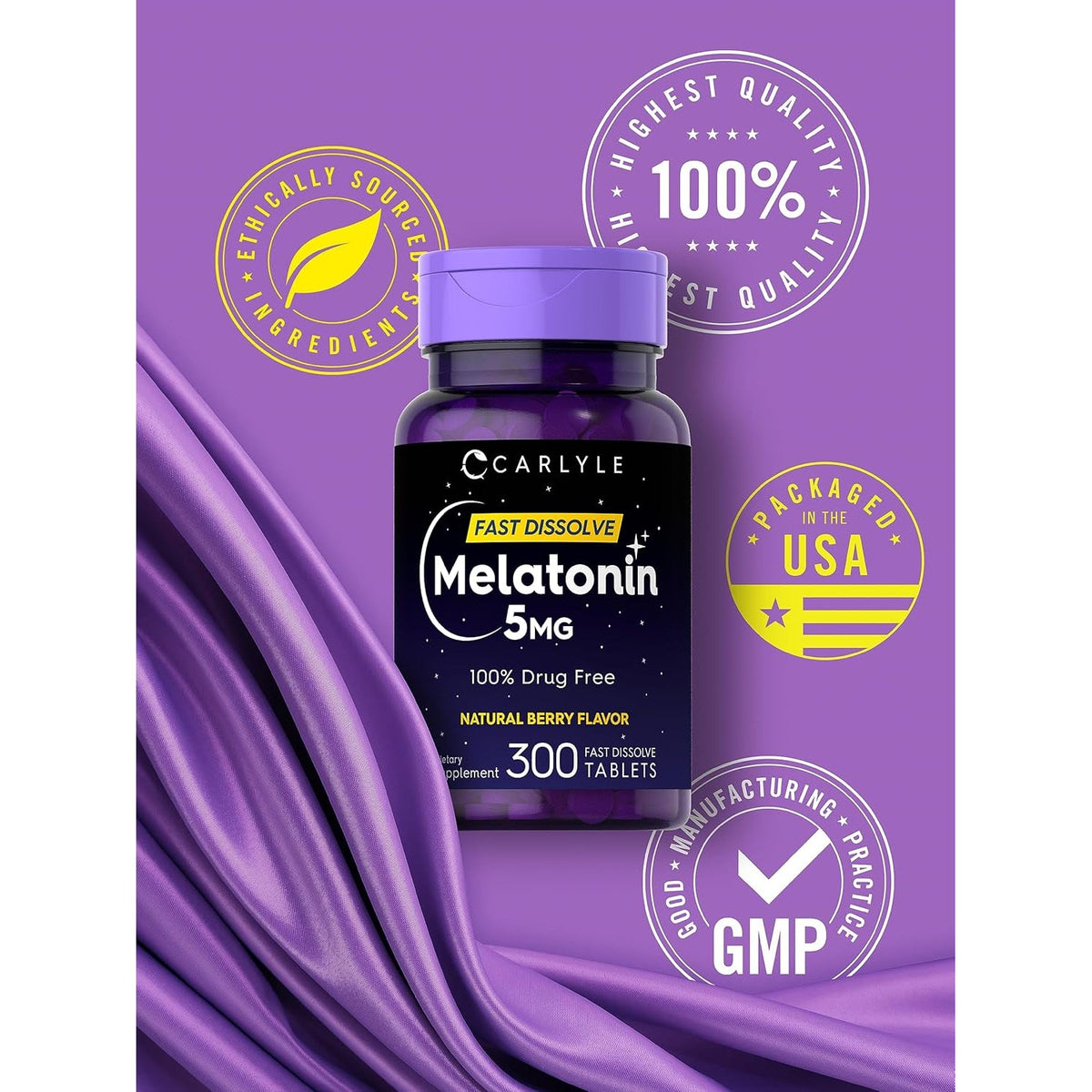 Carlyle Melatonin 5 Mg Fast Dissolve 300 Tablets | Berry Flavor | Vegetarian, Non-Gmo Supplement