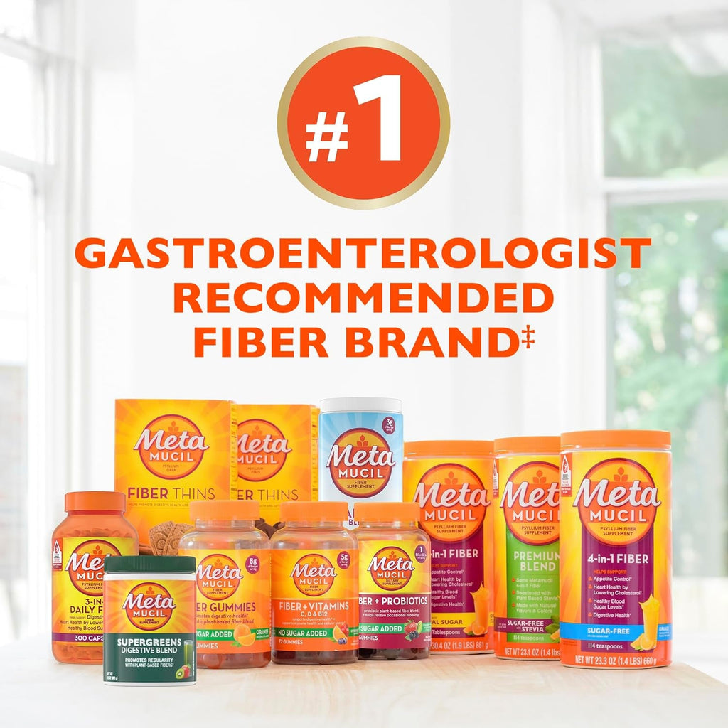 Metamucil 4-In-1 Psyllium Husk GLP-1 Friendly Fiber Supplement, Sugar-Free, 72 Teaspoons, Orange Flavored, Daily Fiber Powder for Digestive Health, Made with Plant-Based Psyllium Husk Fiber