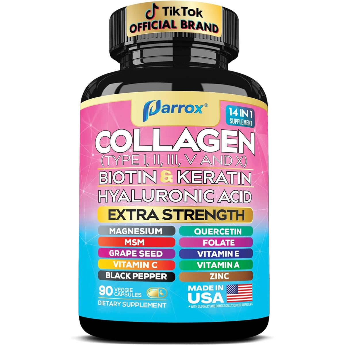 Collagen Peptides Types I, II, III, V & X, MCG Biotin, Keratin, Hyaluronic Acid, MSM, Zinc, Grape Seed Extract, Quercetin, Vitamin A, Vitamin C, Vitamin E, Magnesium, Folic Acid (90 Capsules)