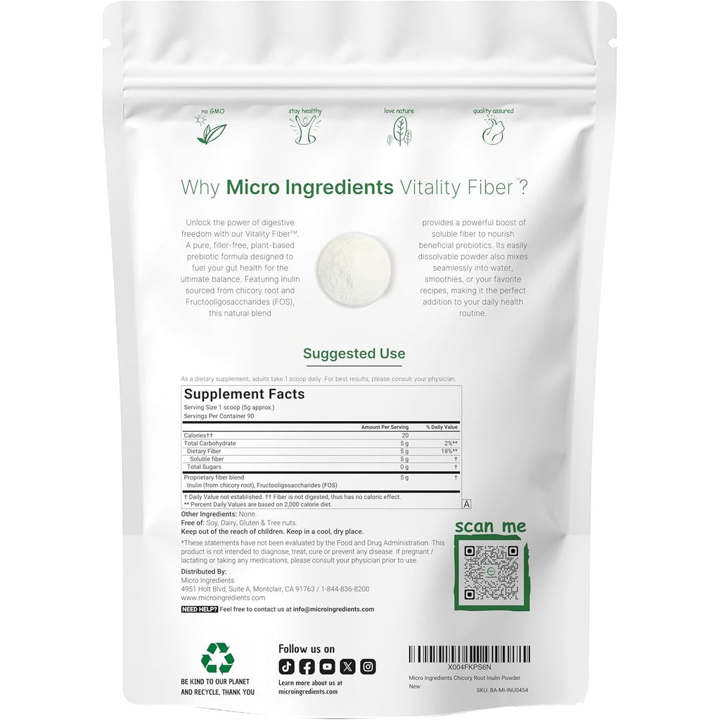 Micro Ingredients Vitality Prebiotic Fiber Powder, 1Lb | Easy Mix Powder for Digestive & Gut Health | Daily Prebiotic Soluble Fiber Supplement for Women and Men | Unflavored, Sugar Free & Vegan