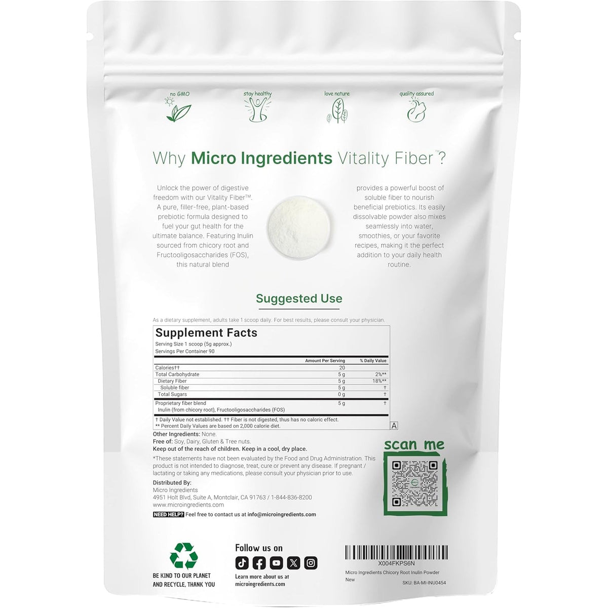 Micro Ingredients Vitality Prebiotic Fiber Powder, 1Lb | Easy Mix Powder for Digestive & Gut Health | Daily Prebiotic Soluble Fiber Supplement for Women and Men | Unflavored, Sugar Free & Vegan