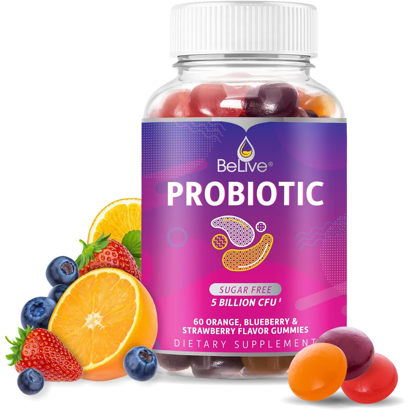 Belive Probiotic Gummies - Probiotics with 5 Billion Cfus for Digestive Health, Men, Women & Kids - for Immune Support, Sugar Free & Vegan | 60 Ct – Blueberry, Strawberry & Orange