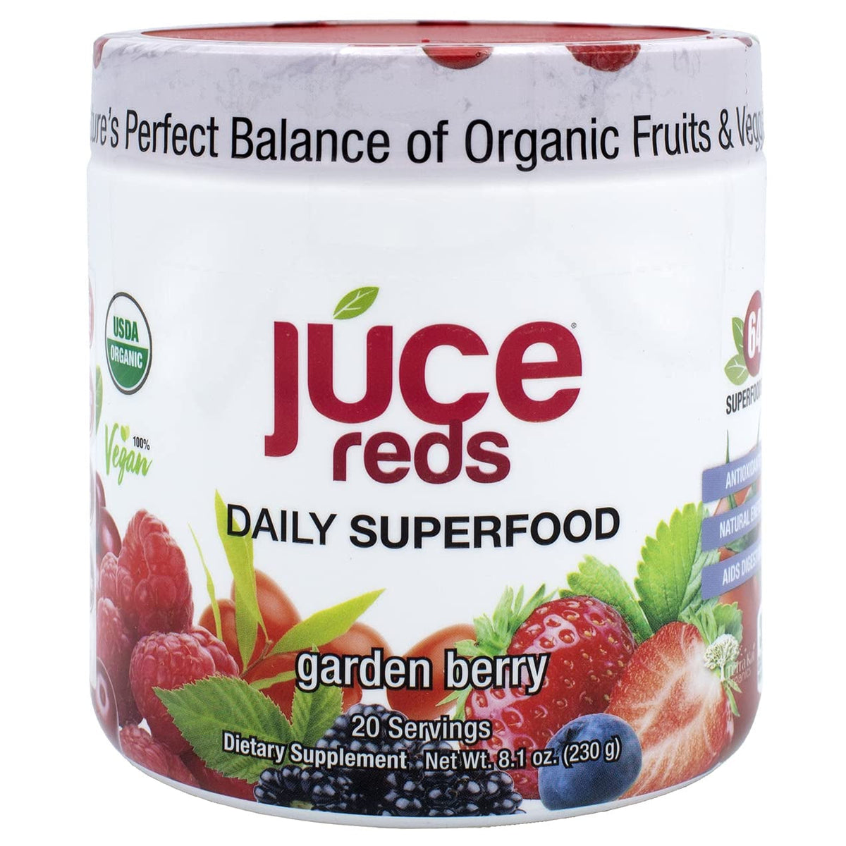 Terra Kai Organics JUCE Reds Organic Superfood Powder - Garden Berry Flavor | Fruit & Veggie Powder for Everyone W/64 Immune Boosting Superfood plus Probiotics for Gut Health | 20 Servings (230G)