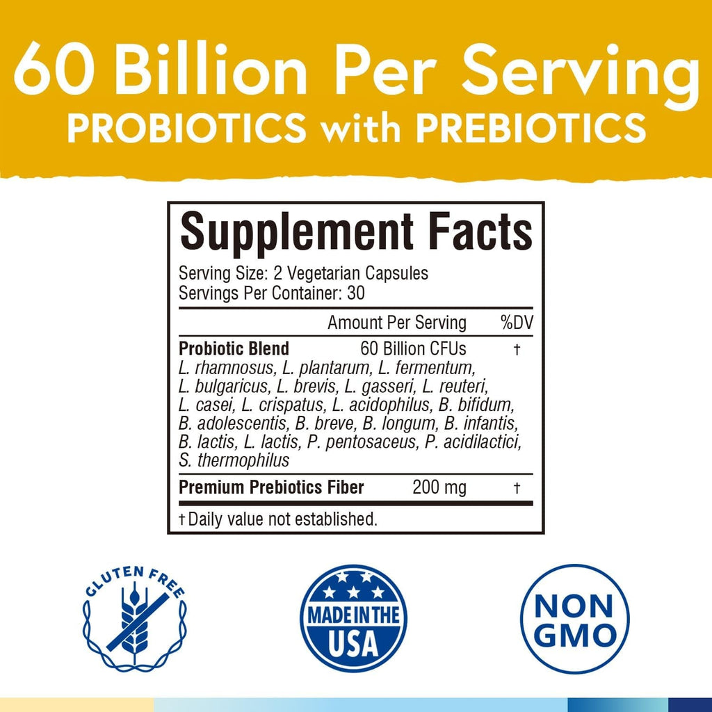 Terranics Probiotics 60 Billion CFU, 20 Strains, 60 Veg Capsules, Prebiotics & Probiotics, Shelf Stable Probiotic Supplement for Men & Women, Non-Gmo, NO Soy, Dairy & Gluten