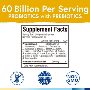 Terranics Probiotics 60 Billion CFU, 20 Strains, 60 Veg Capsules, Prebiotics & Probiotics, Shelf Stable Probiotic Supplement for Men & Women, Non-Gmo, NO Soy, Dairy & Gluten