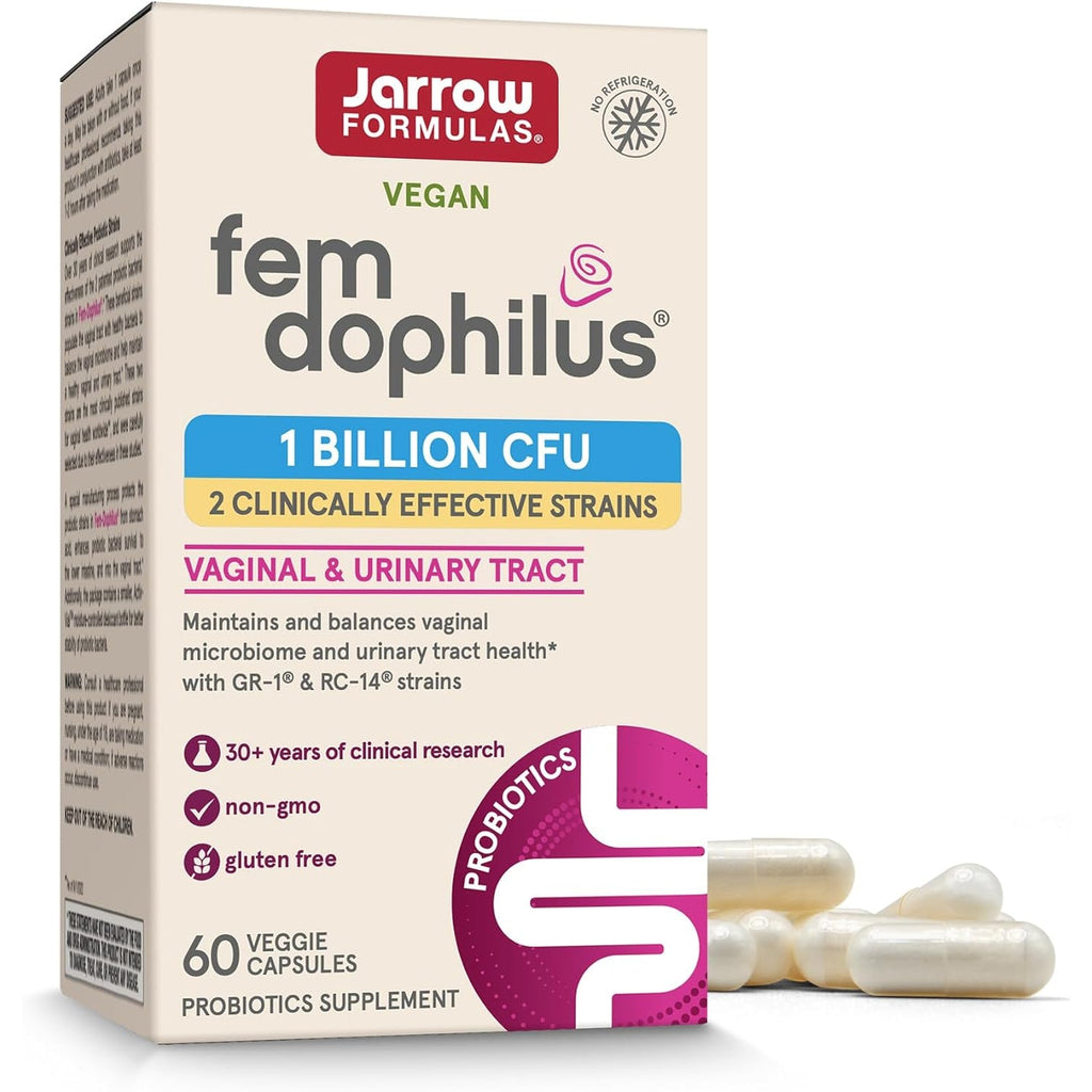 Jarrow Formulas Fem-Dophilus Vaginal Probiotics 1 Billion CFU with 2 Science-Backed Strains, Dietary Supplement for Vaginal & Urinary Tract Support, 60 Capsules, 60 Day Supply, Shelf-Stable Probiotics