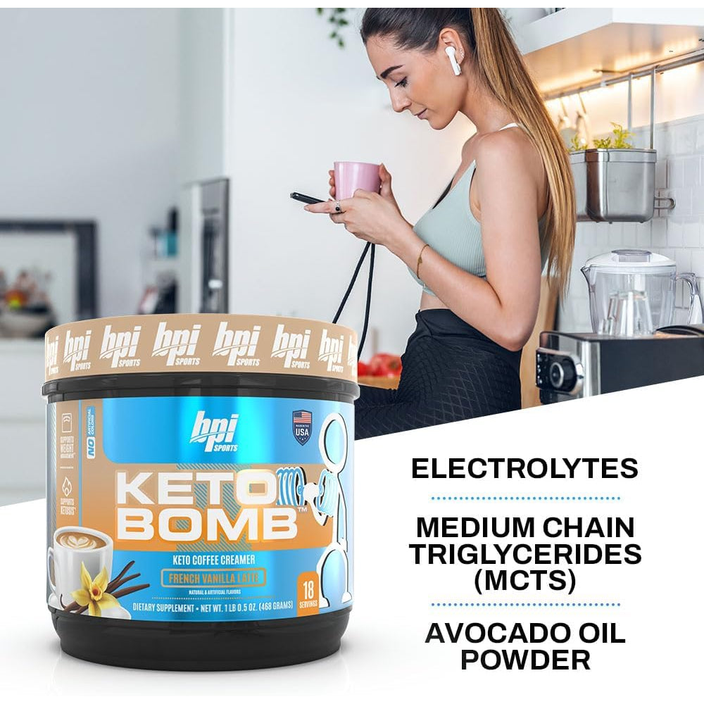 BPI Sports Keto Bomb - Promotes Energy, Hydration and Fat Loss - MCT and Electrolytes - Sugar-Free with Calcium - French Vanilla Latte, 18 Servings