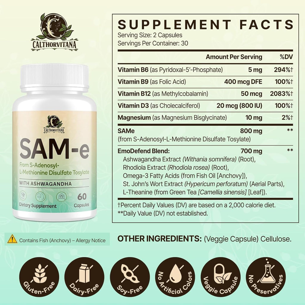 Sam-E Supplement – Capsule Complex with Ashwagandha Extract, L-Theanine, Rhodiola, St. John’S Wort, Omega-3 Fatty Acids, Magnesium, B Vitamins & D3, 60 Capsules