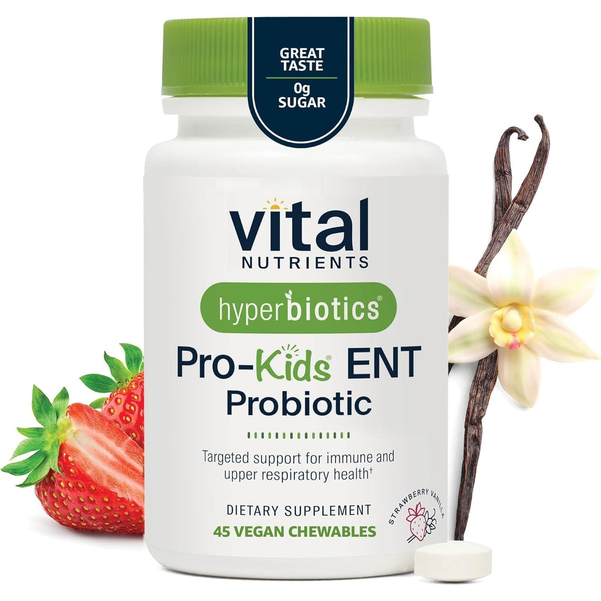 Hyperbiotics Vital Nutrients Pro Kids Probiotic ENT | Toddler Probiotics for Kids Ear, Nose and Throat | Targeted Immune and Digestive Health | Strawberry-Vanilla 45 Sugar-Free Chewable Tablets