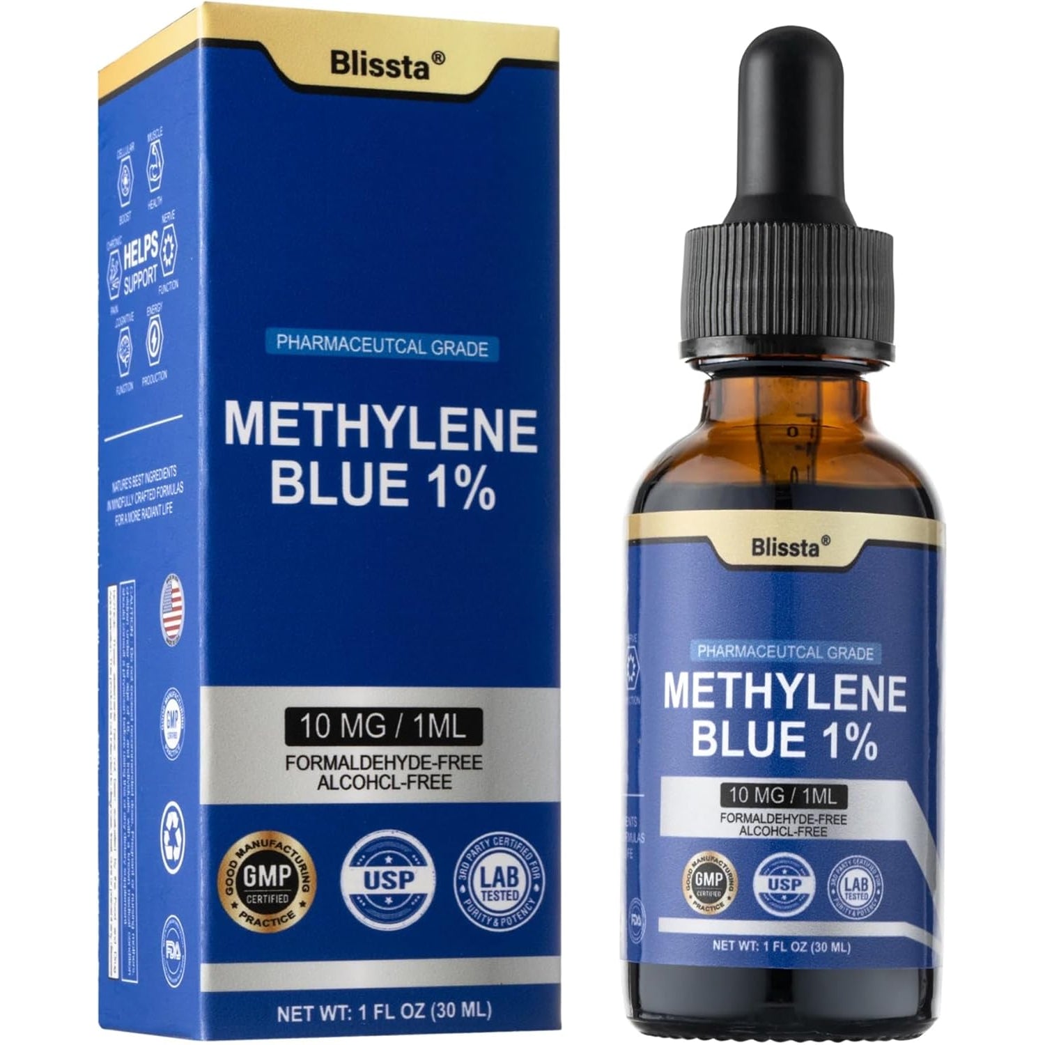 USP Pharmaceutical Grade Methylene Blue 1% Solution – Third-Party Lab Tested, Formaldehyde-Free, Heavy Metal Free –Nootropic - Cognitive Support, Brain Health, Energy & Focus Drops – 30Ml