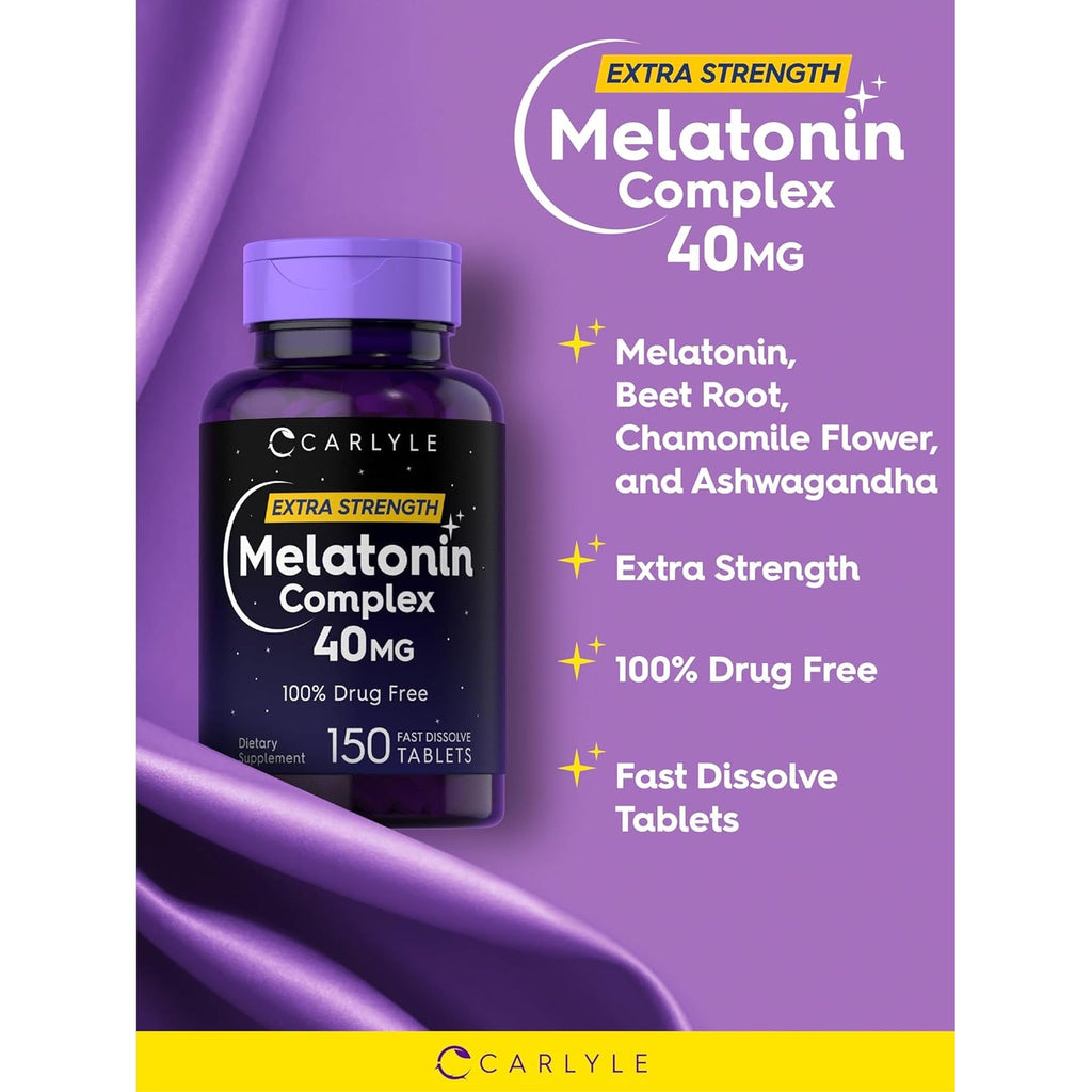 Carlyle Melatonin 40Mg Complex | 150 Fast Dissolve Tablets | Extra Strength Support | with Ashwagandha and Chamomile | Vegetarian, Non-Gmo, Gluten Free Supplement