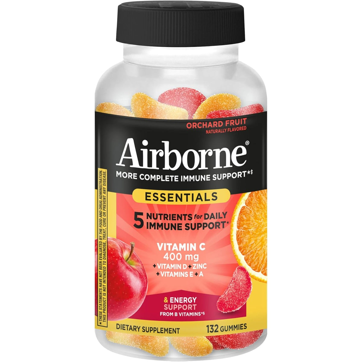 Airborne Immune Essentials Gummies, Orchard Fruit, 132Ct | 400Mg Vitamin C + Vitamins A, D, E, Zinc & B Vitamins | Daily Immune Support Gummies | Gluten Free, No Artificial Flavors