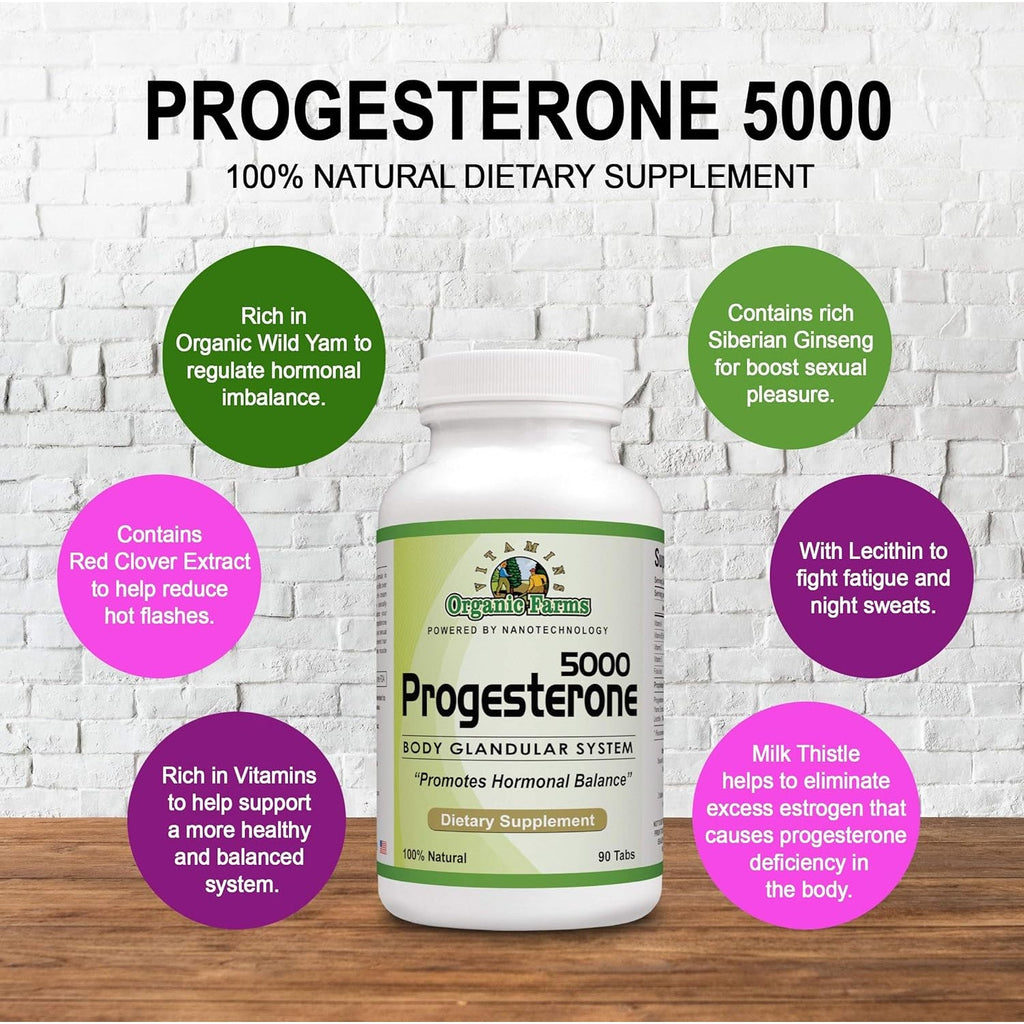 Organic Farm Vitamins Progesterone 5000 - Body Glandular System Dietary Supplement, 100% Natural Progesterone Pills - Formula to Balance Hormones - Progesterone Supplement, 90 Tablets