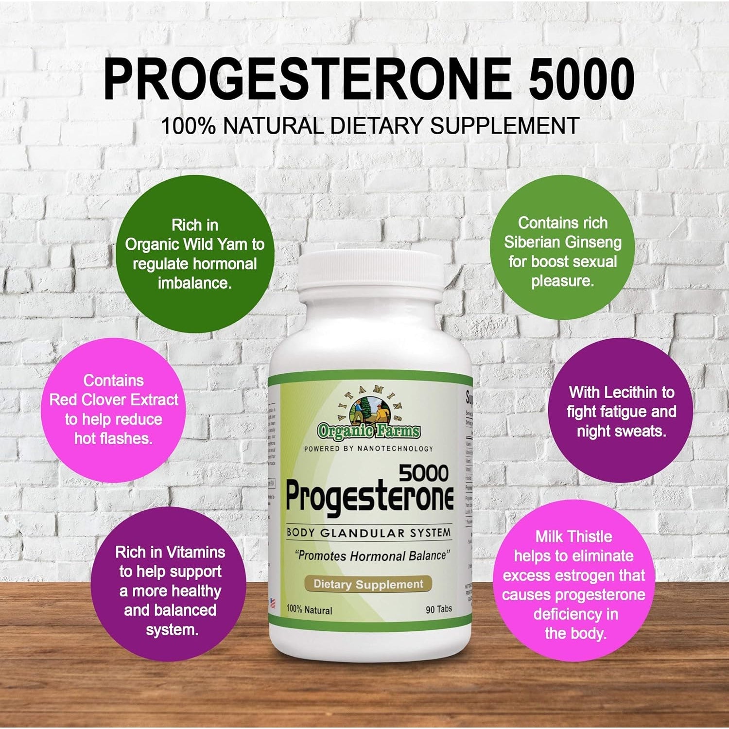 Organic Farm Vitamins Progesterone 5000 - Body Glandular System Dietary Supplement, 100% Natural Progesterone Pills - Formula to Balance Hormones - Progesterone Supplement, 90 Tablets