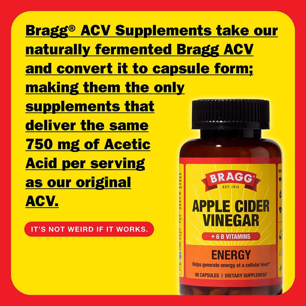 Bragg Energy Apple Cider Vinegar Capsules with B-12 Vitamins - 90 Capsules - Weight Management - Non-Gmo, Vegan, Gluten Free, No Sugar - Helps Generate Energy at Cellular Level for Men and Women
