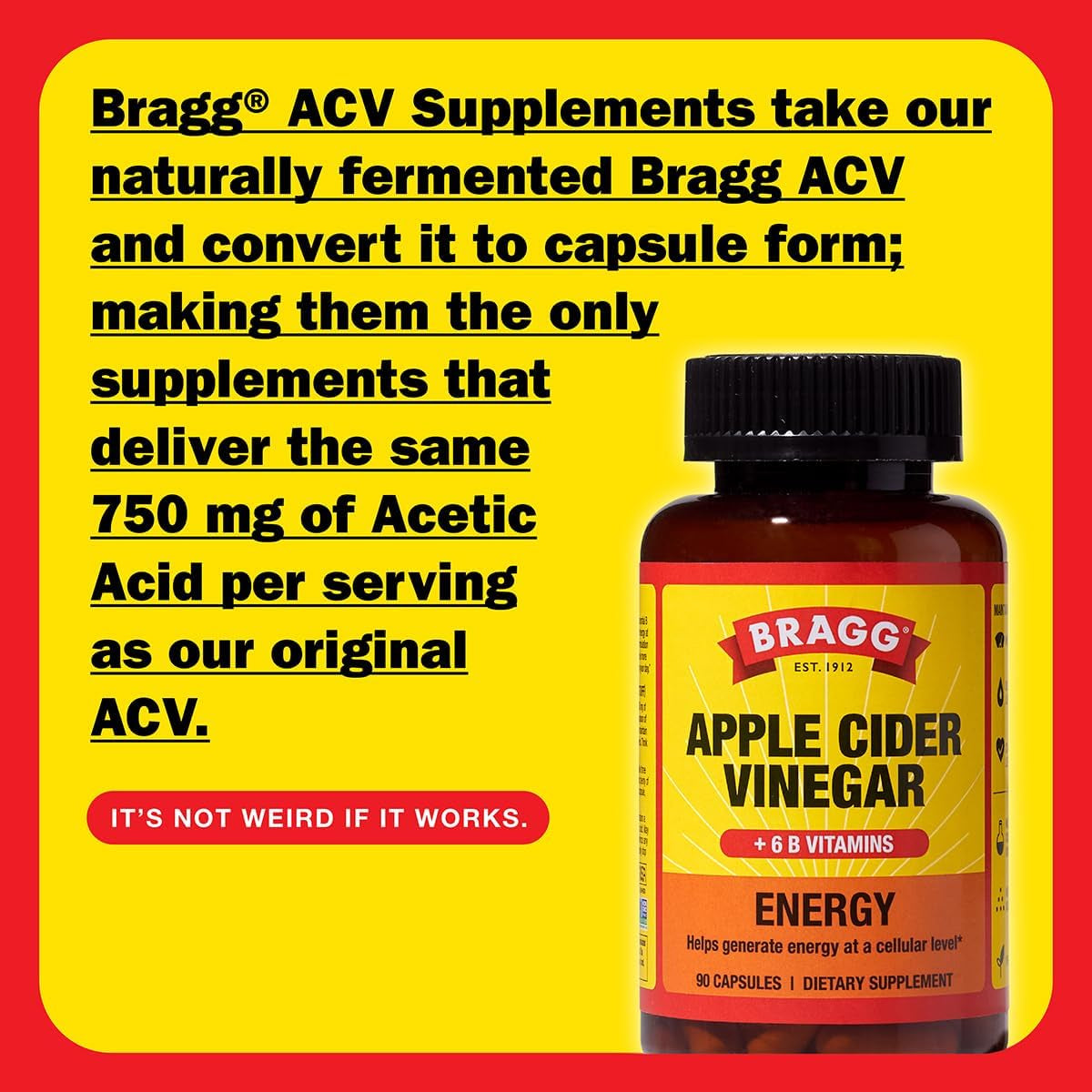 Bragg Energy Apple Cider Vinegar Capsules with B-12 Vitamins - 90 Capsules - Weight Management - Non-Gmo, Vegan, Gluten Free, No Sugar - Helps Generate Energy at Cellular Level for Men and Women