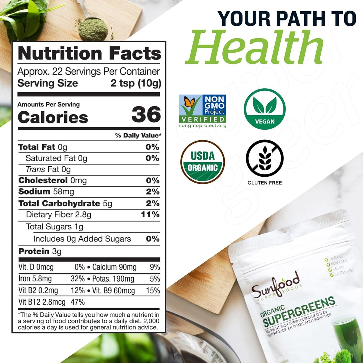 Sunfood Superfoods Organic Supergreens Blend - Greens Superfood Powder, Daily Green Juice Powder, Vegetable Smoothie Drink Mix with Chlorella, Spirulina, Alfalfa, Kale, & More - 8 Oz Bag