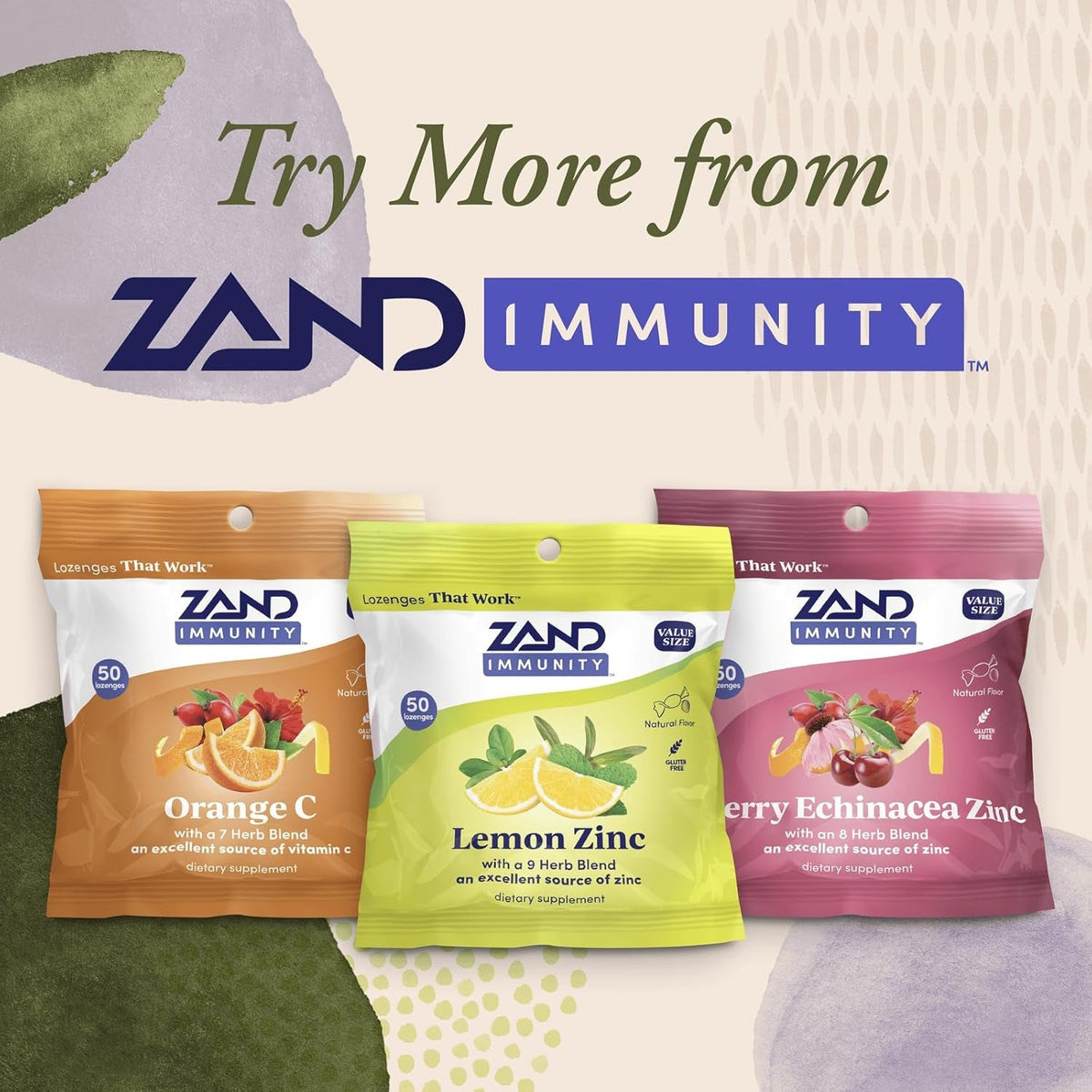 ZAND Immunity Cherry Echinacea Zinc Throat Lozenges 2 Pack - Good-For-You Dry Mouth Lozenges - Immune Support Supplement with Zinc 5Mg - Soothe a Dry Throat - Natural Flavor, Gluten Free, 50Ct Ea