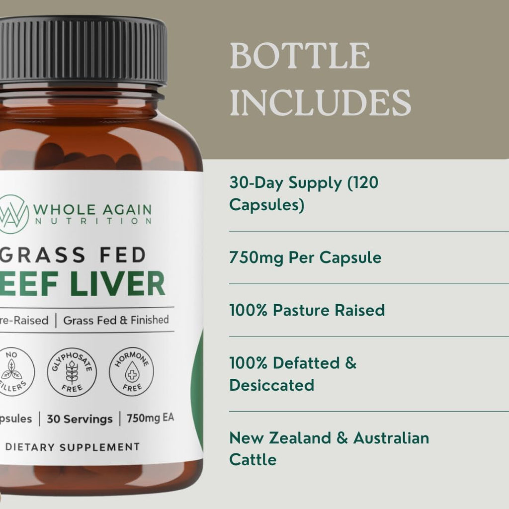 Grass Fed Beef Liver Capsules - 100% Pasture Raised - No Fillers or Flow Agents - 120 Count 3,000Mg Serving - 30-Day Supply - Iron and Energy - Grass Fed Desiccated Liver Supplement