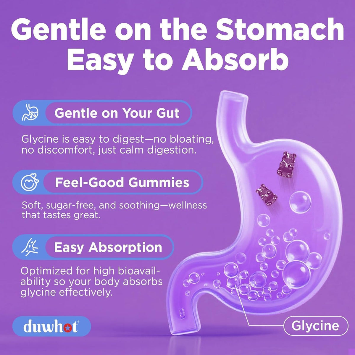 Duwhot Glycine Gummies, 3G(3000 Mg) Glycine Supplements for Sleep, Detox, Relax, Nerve Support, Blueberry Flavor, Sugar-Free, Vegan, Non-Gmo, Gluten-Free, 60 Ct.