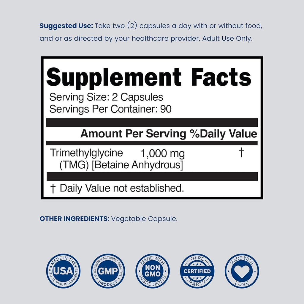TMG Trimethylglycine Supplement 1,000Mg per Serving (3 Month Supply) - TMG Supplements for Homocysteine Control - as Betaine Anhydrous - Vegan, Third Party Tested & Non GMO - USA Made - (180 Capsules)