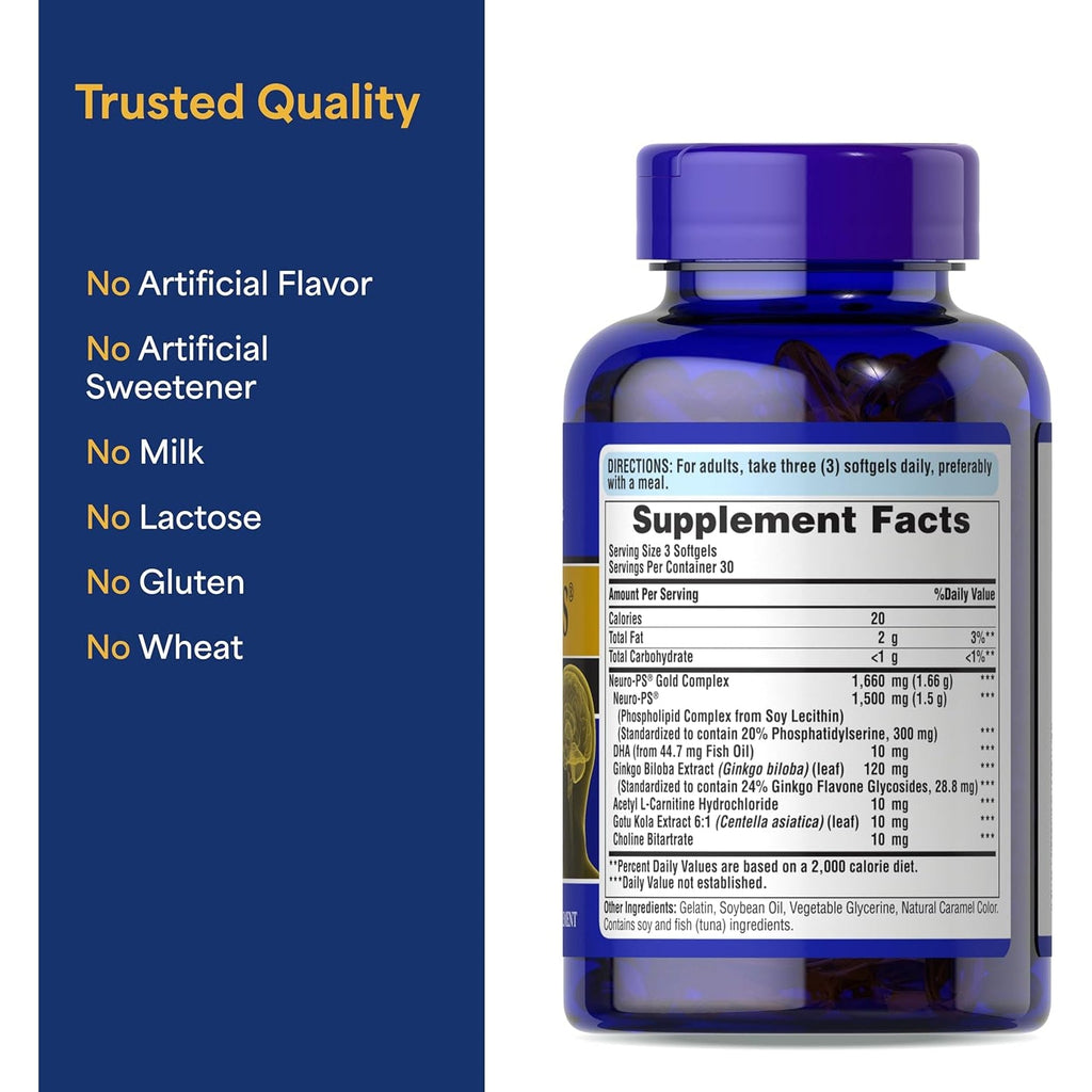 Puritan'S Pride Neuro-Ps® Gold plus Neuro-Serine™ with Gingko Biloba and DHA, Advanced Dietary Supplement for Brain Function, Health, and Memory Support, 1 Month Supply, 90 Rapid Release Softgels