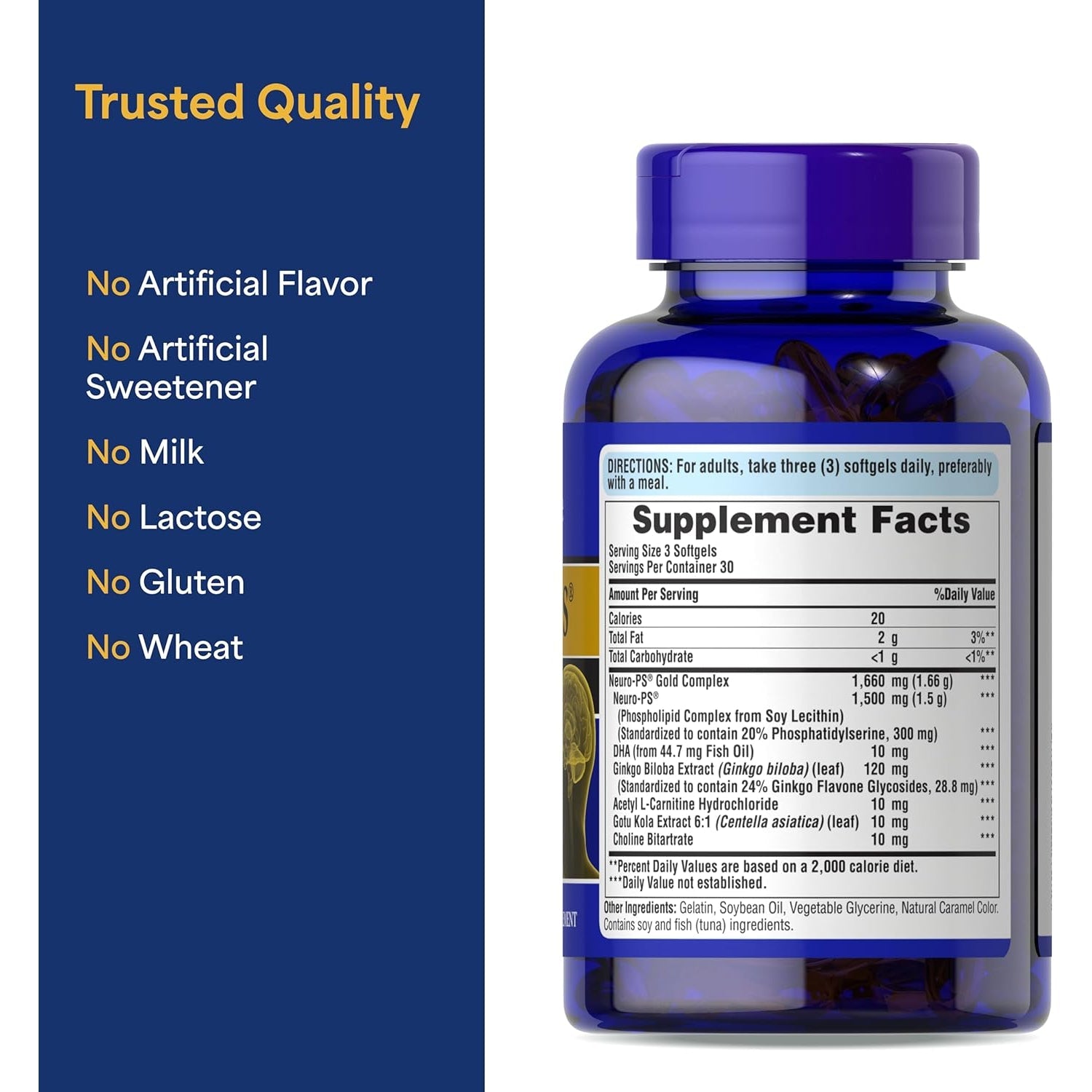 Puritan'S Pride Neuro-Ps® Gold plus Neuro-Serine™ with Gingko Biloba and DHA, Advanced Dietary Supplement for Brain Function, Health, and Memory Support, 1 Month Supply, 90 Rapid Release Softgels