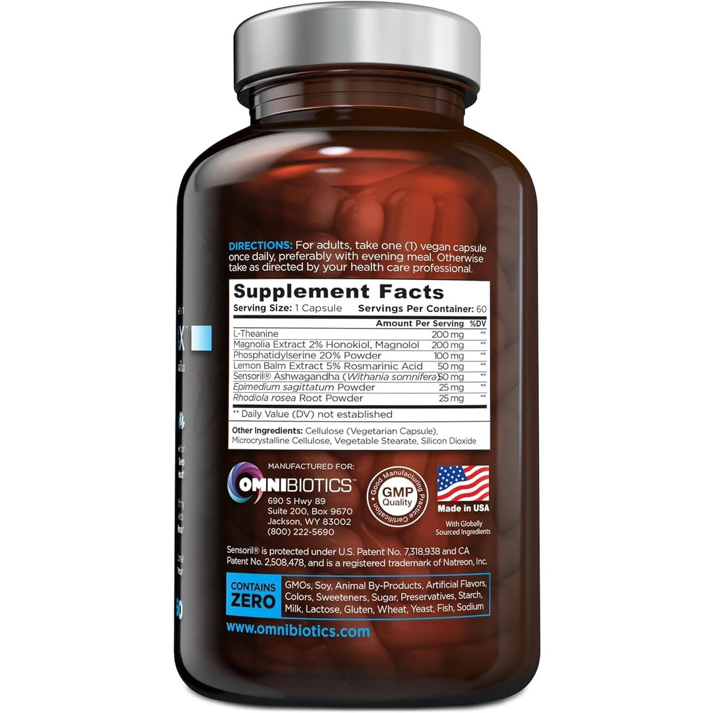 Omnibiotics Cortisol Supplement for Women and Men - High Cortisol Manager with Ashwagandha, L-Theanine, Magnolia Extract, Phosphatidylserine to Support Relaxation, Calm, Detox - 60 Vegan Capsules