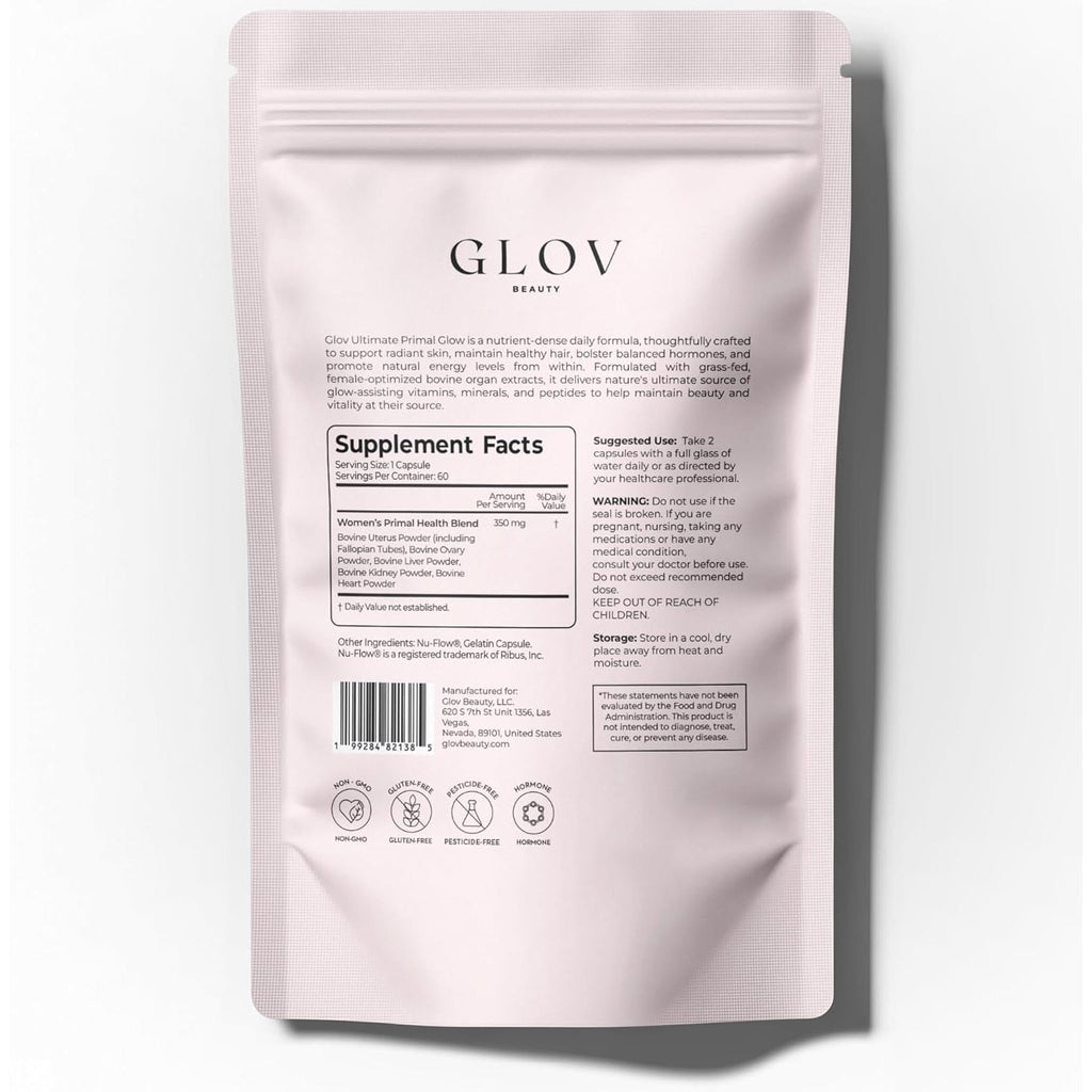 Glov Beauty Ultimate Primal Glow - Grass Fed Beef Organ Supplement for Women, Pasture Raised Liver, Heart, Kidney & Reproductive Beef Organs for Beauty, Energy & Vitality Support, 1Month Supply 60Caps